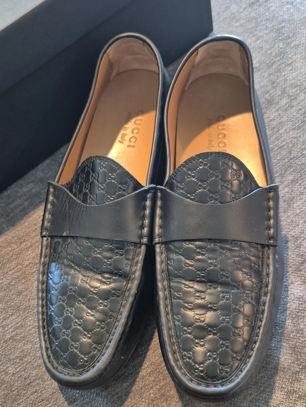 Gucci Black Embossed GG Leather Penny Loafers GUCCISSIMA